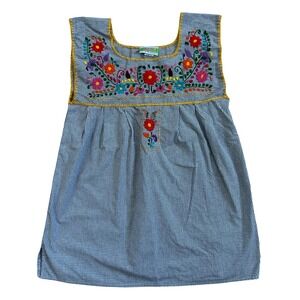 Nativa Embroidered Gingham Top Handmade Mexico Folk Art Floral Boho Size M